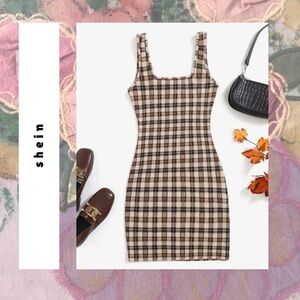 🏷️shein • black, brown, & white plaid tartan flatter fit sleeveless mini dress